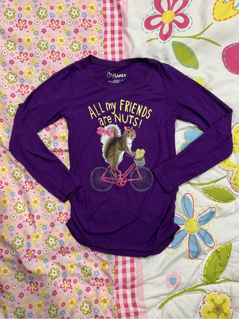 Hanes Purple Girls' Long-Sleeve Tee with Squirrel Bicycle Graphic